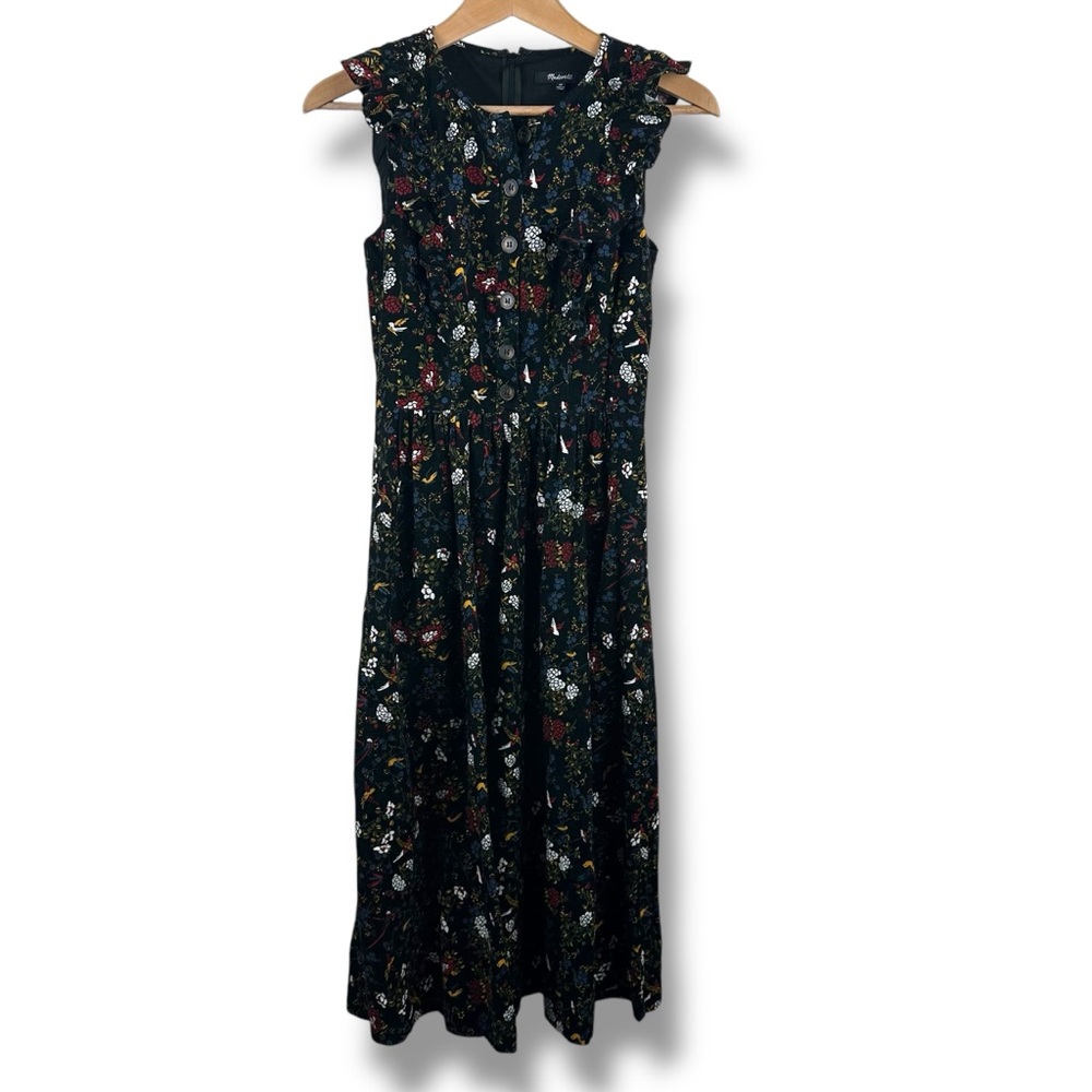 Madewell Size 00 Button Front Corduroy Maxi Dress Black Floral Cottagecore Trad